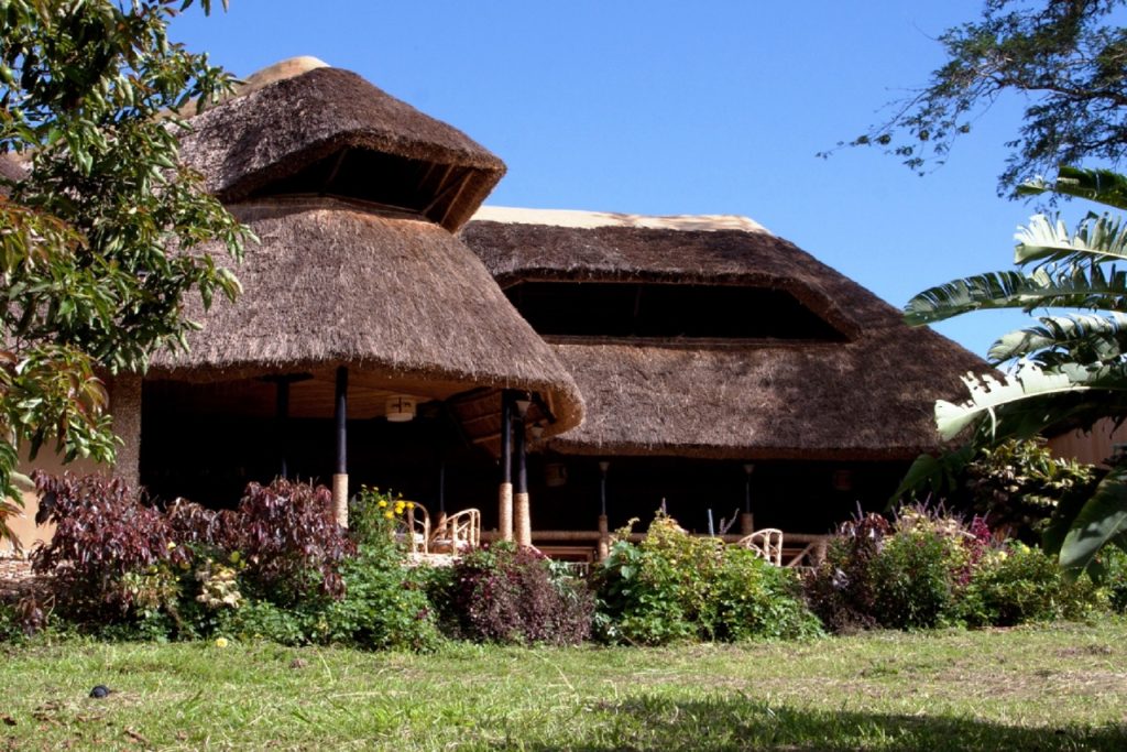 A view of the main lobby at Chimps Nest Lodge in Kibale Forest National Park