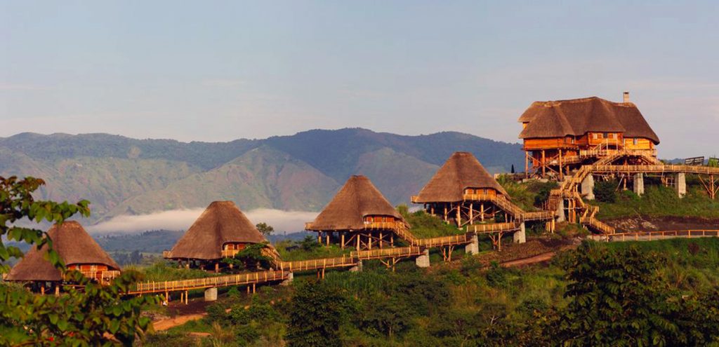 A view of Kyaninga Lodge with Rwenzori Mountain ranges in the background